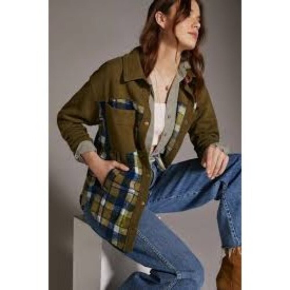 Anthropologie Pilcro Plaid Contrast Shirt Jacket Button Up Shirt Olive Size S